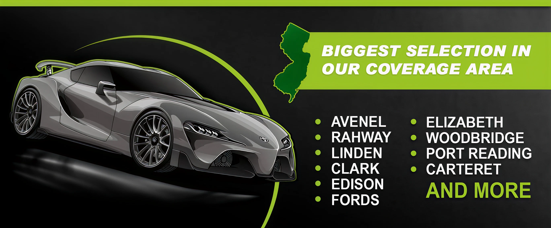 Sports car advertisement with coverage area locations.