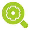 Green magnifying glass with gear icon.