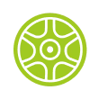 Green wheel icon on black background.