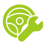 Green steering wheel and wrench icon.