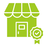 Green shop icon with certification badge.